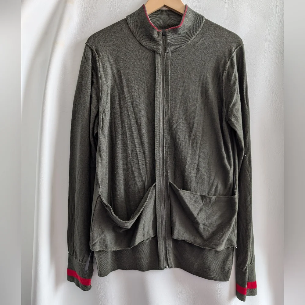 Icebreaker Wool Green Red Detail Full Zip Knit Cardigan Sweater - L